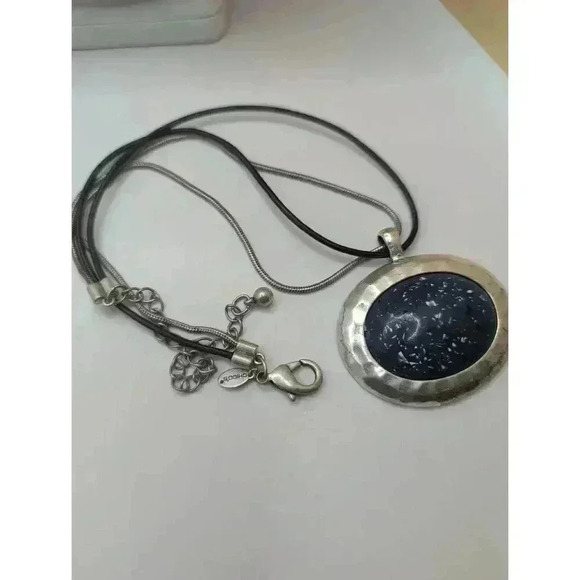 Chicos Silvertone Blue Pendant Patina Necklace Dual Chain - Picture 1 of 6